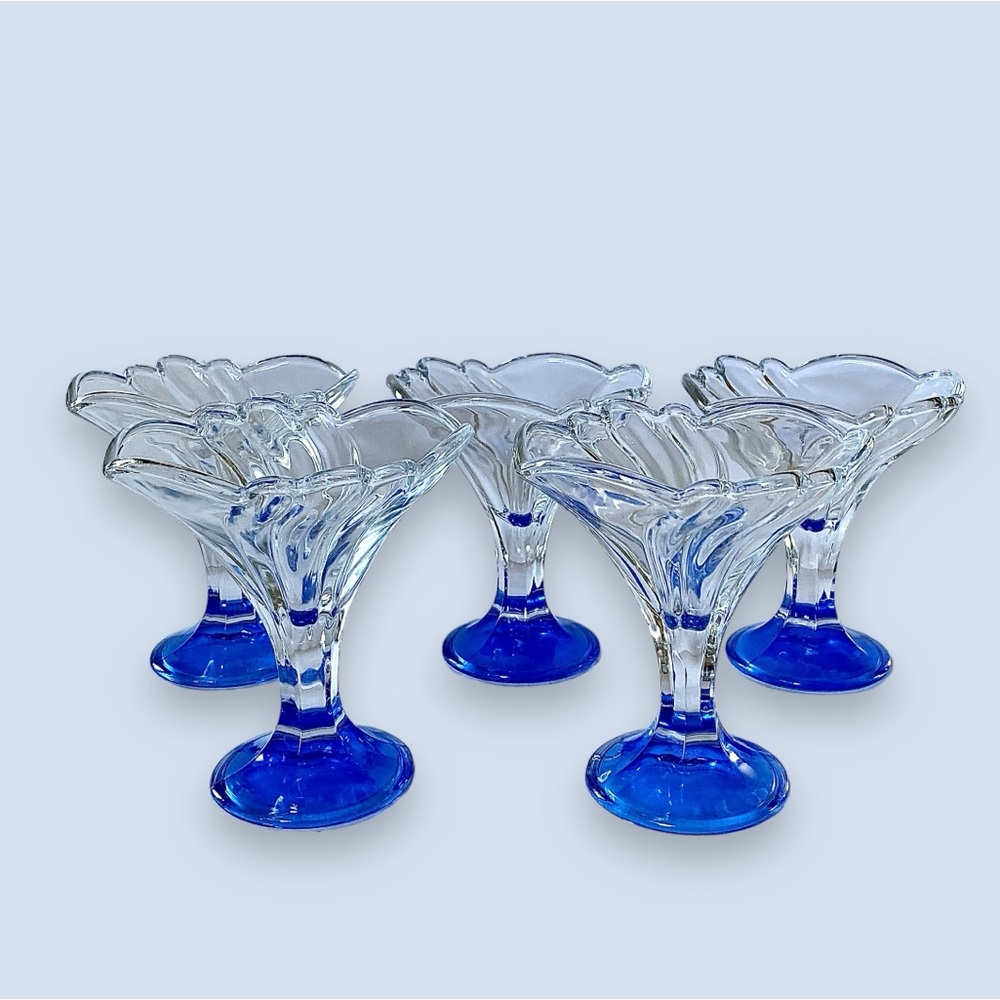 Italian Borgonovo Blue Base Ice Cream Parfait Glasses Set of 5 Art Deco Trumpet